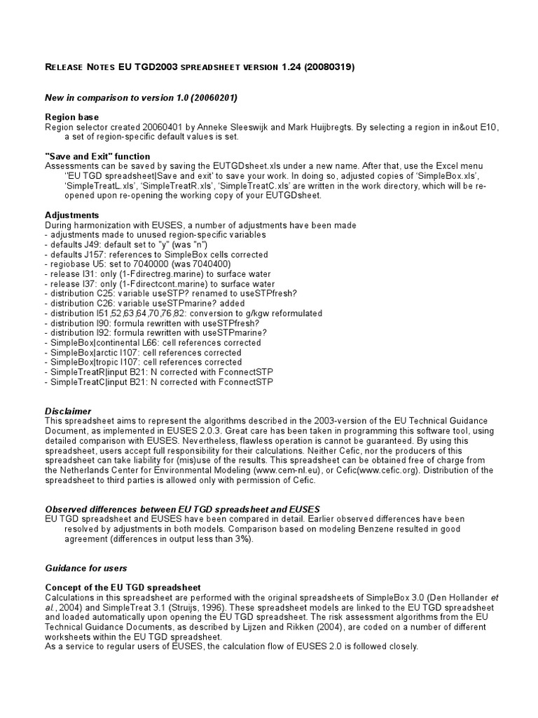 EU TGD Spreadsheet Release Notes 1.24 | PDF | Microsoft Excel | Spreadsheet