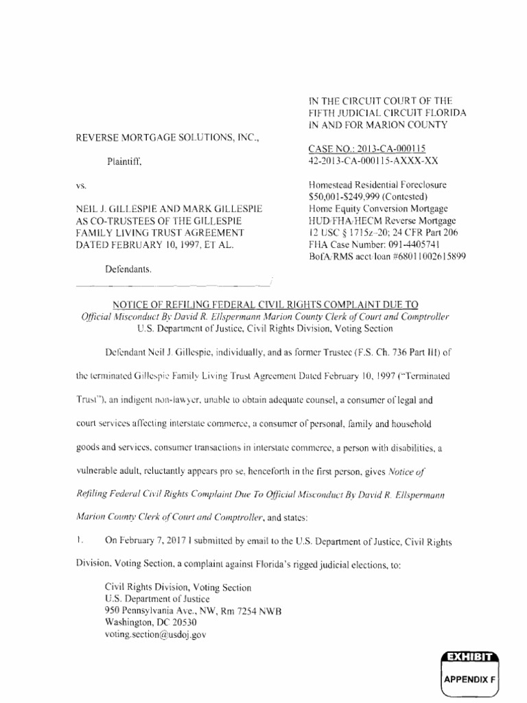 Appendix F Notice of Refiling Federal Civil Rights Complaint Due To  Official Misconduct by David R. Ellspermann | PDF | Wisconsin Circuit Courts  | Trust Law