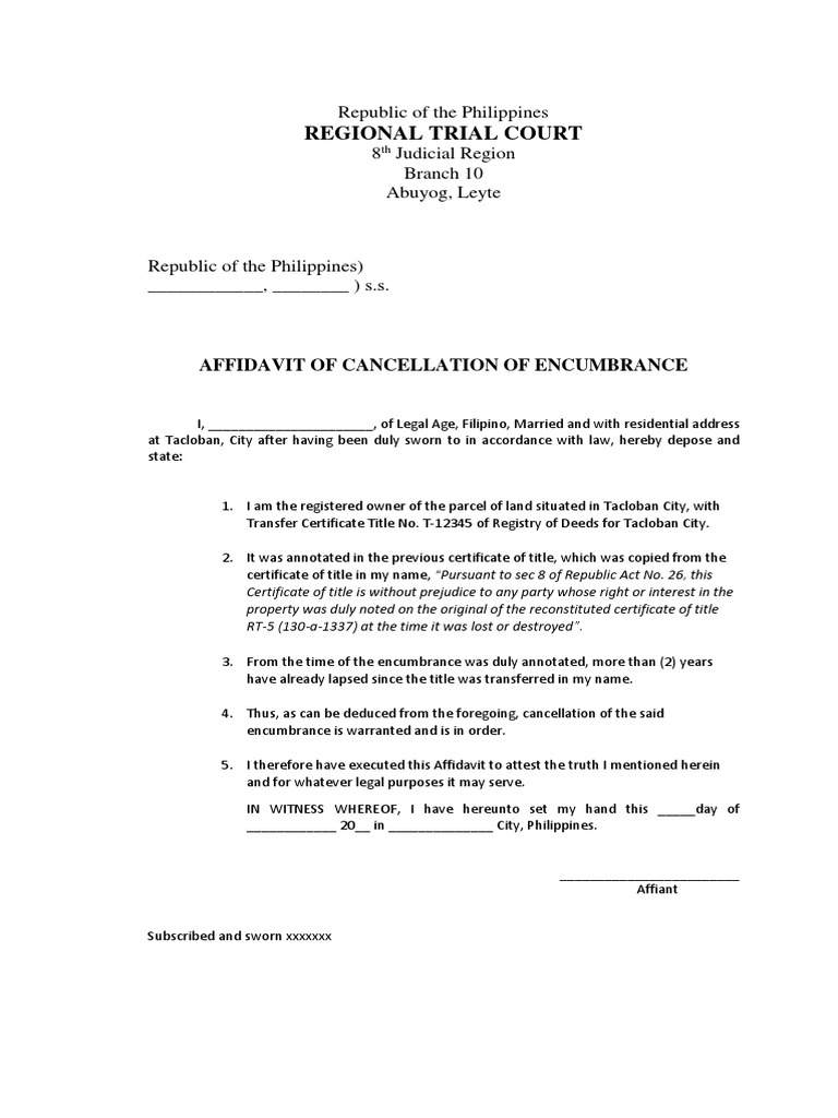 Affidavit for Cancellation of Encumbrance | PDF