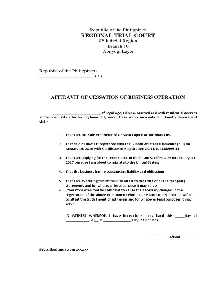 Affidavit of Cessation of Business Operation
