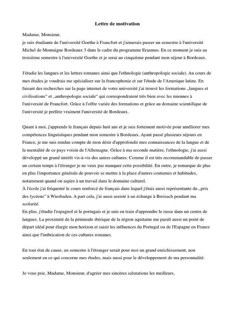 Lettre de Motivation en Francais Exemple  Langue française  Université