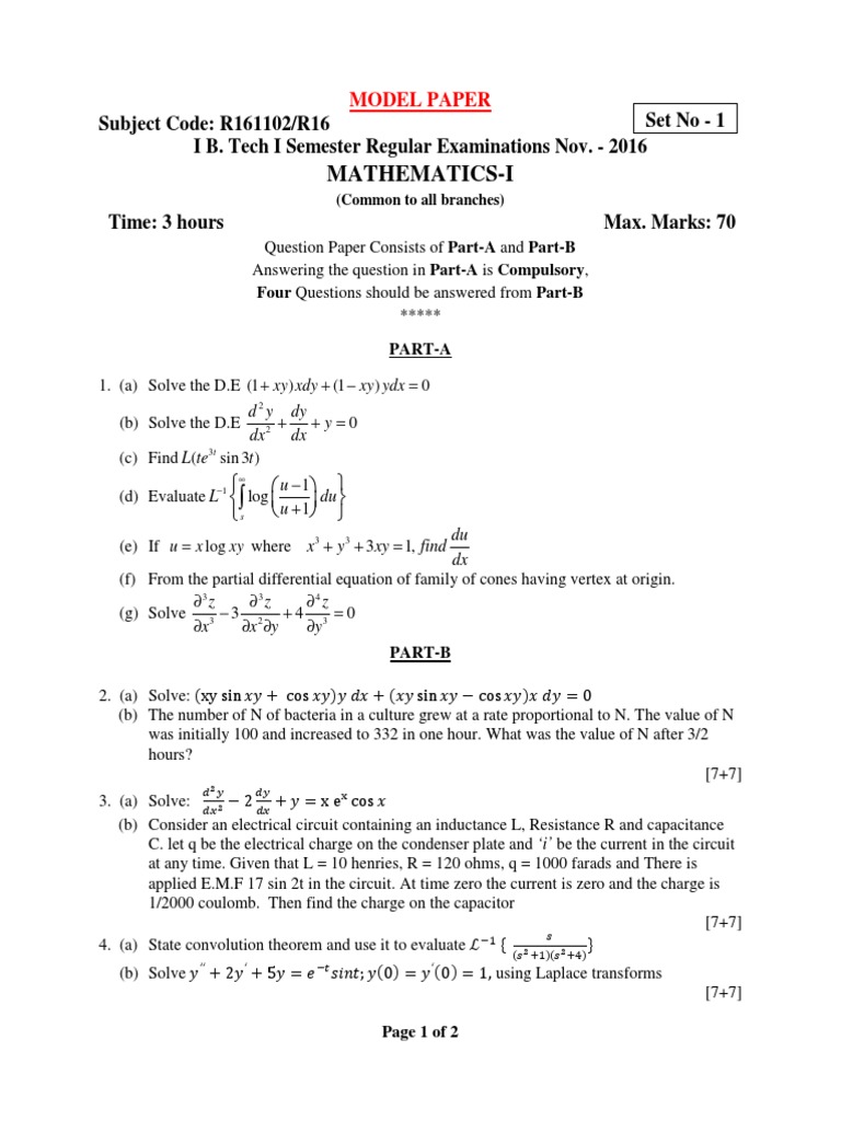 Model Paper Mathematics I 1 1 r16 | PDF | Capacitor | Mathematical Analysis
