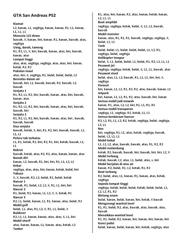 Kode Cheat GTA San Andreas PS2 | PDF