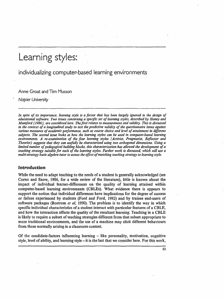 Optimizing Learning Styles in CBLEs | PDF | Learning Styles ...