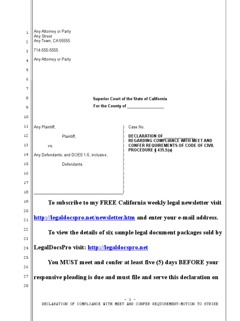 Sample Declaration of Compliance With Meet and Confer Requirement for Motion to Strike in