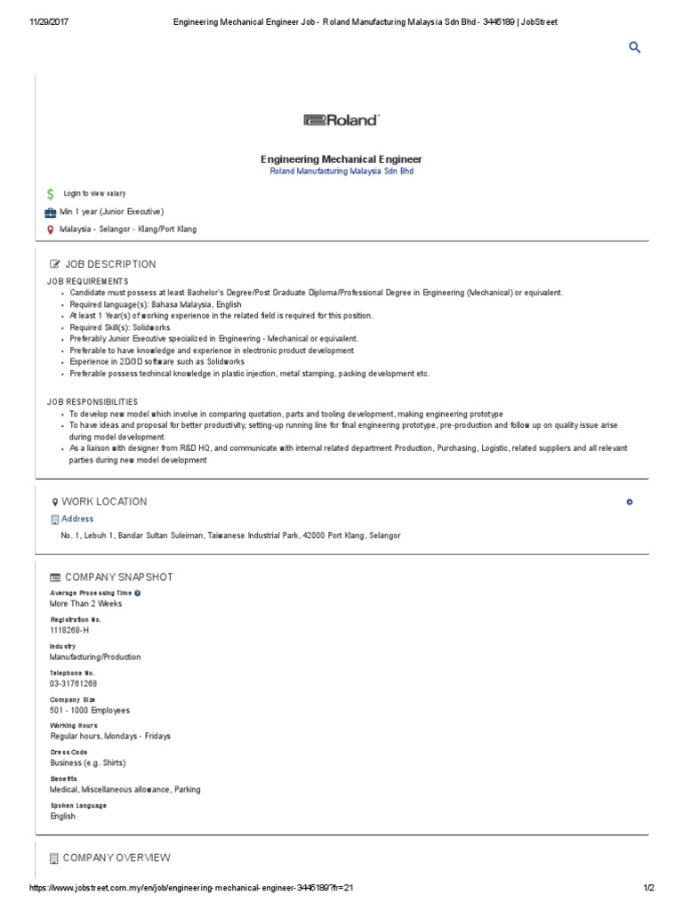 Engineering Mechanical Engineer Job - Roland Manufacturing Malaysia SDN ...