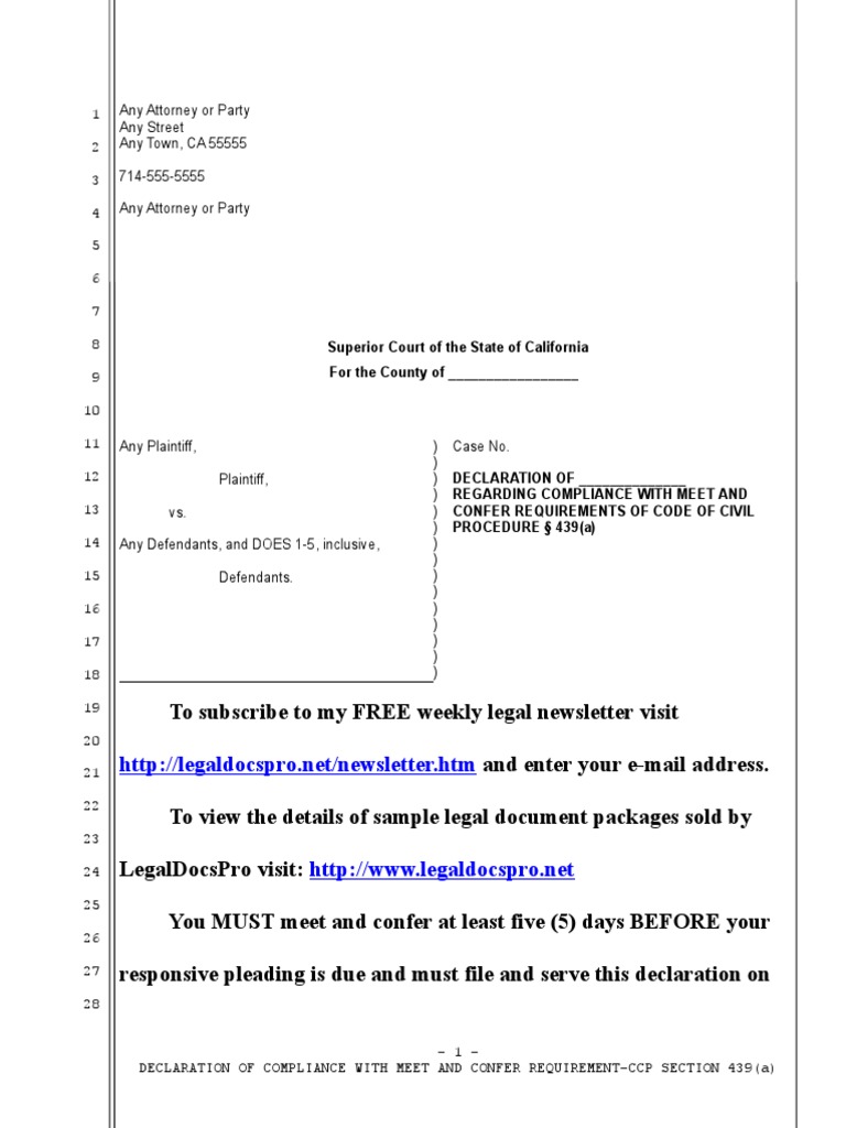 Sample declaration of compliance with meet and confer requirement for
