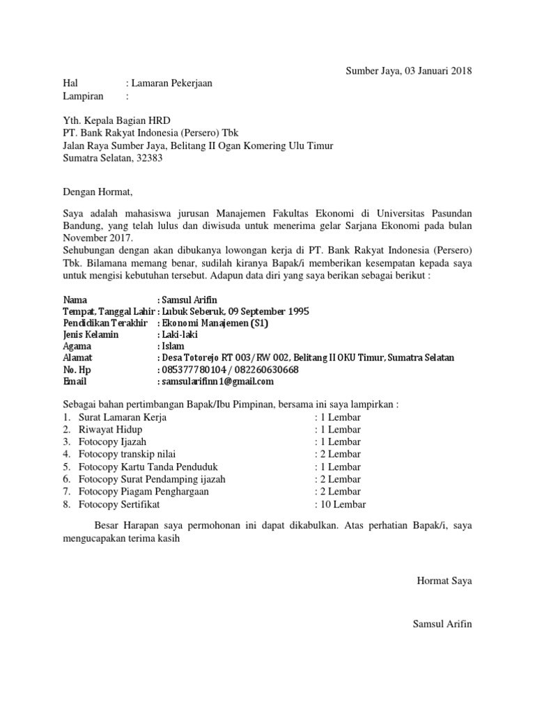 Surat Lamaran Kerja Di Bri