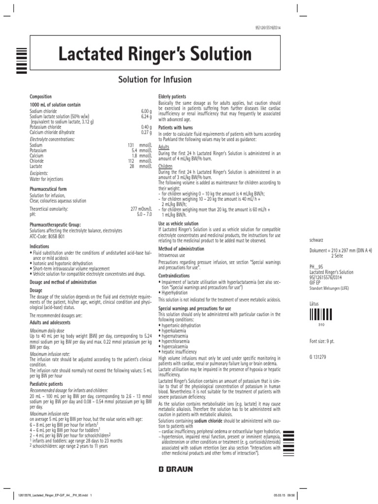 Lactated Ringer's Solution Overview | PDF | Intravenous Therapy | Potassium