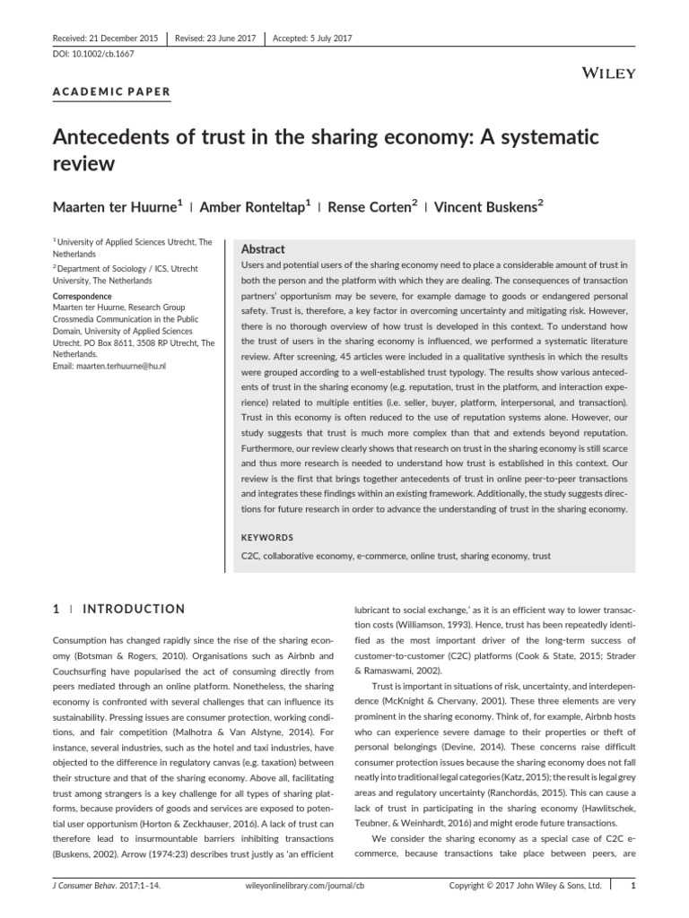 Antecedents of Trust in The Sharing Economy: A Systematic Review | PDF ...
