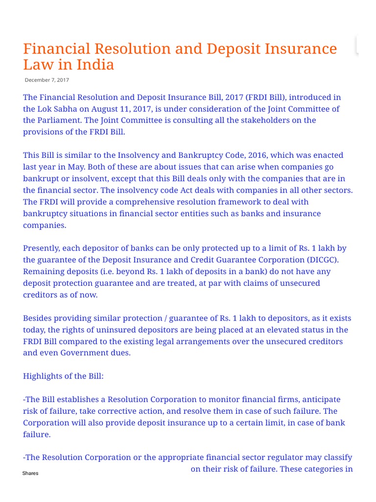 Financial Resolution and Deposit Insurance Bill 2017_ Main Provisions