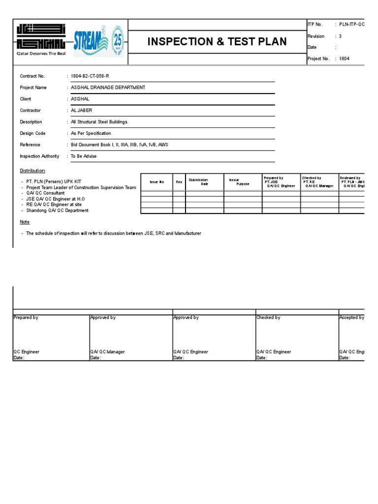 Inspection & Test Plan for Steel Structures | PDF | Engineering | Business