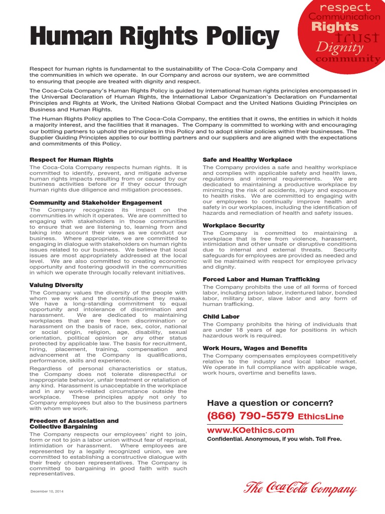Coca-Cola Human Rights Policy Overview | PDF | Harassment | Employment