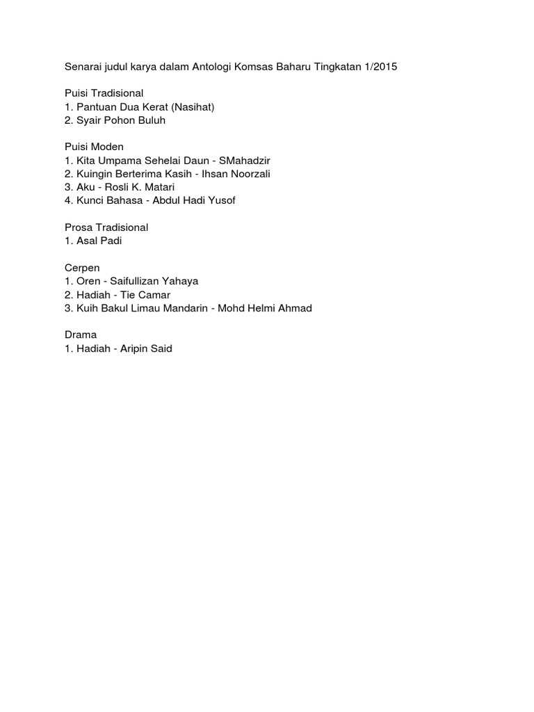 Senarai Judul Karya Komsas Tingkatan 1 2 3