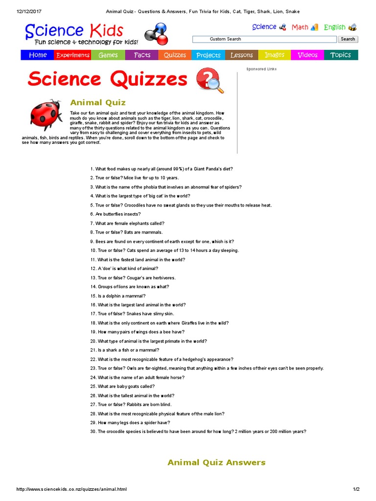 Animal Quiz Questions Answers Fun Trivia For Kids Mammals Cats
