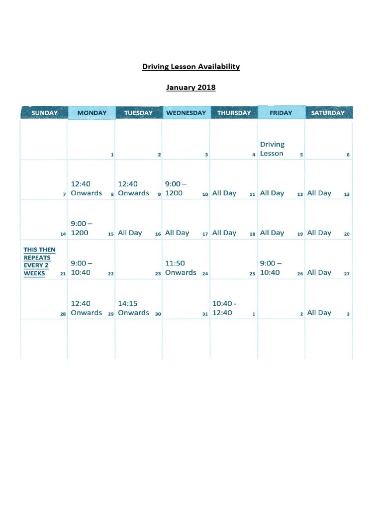 Driving Lesson Schedule January 2018 | PDF