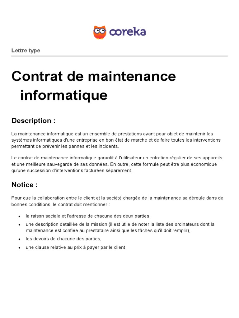 Contrat de Maintenance Informatique  Informatique  Sécurité