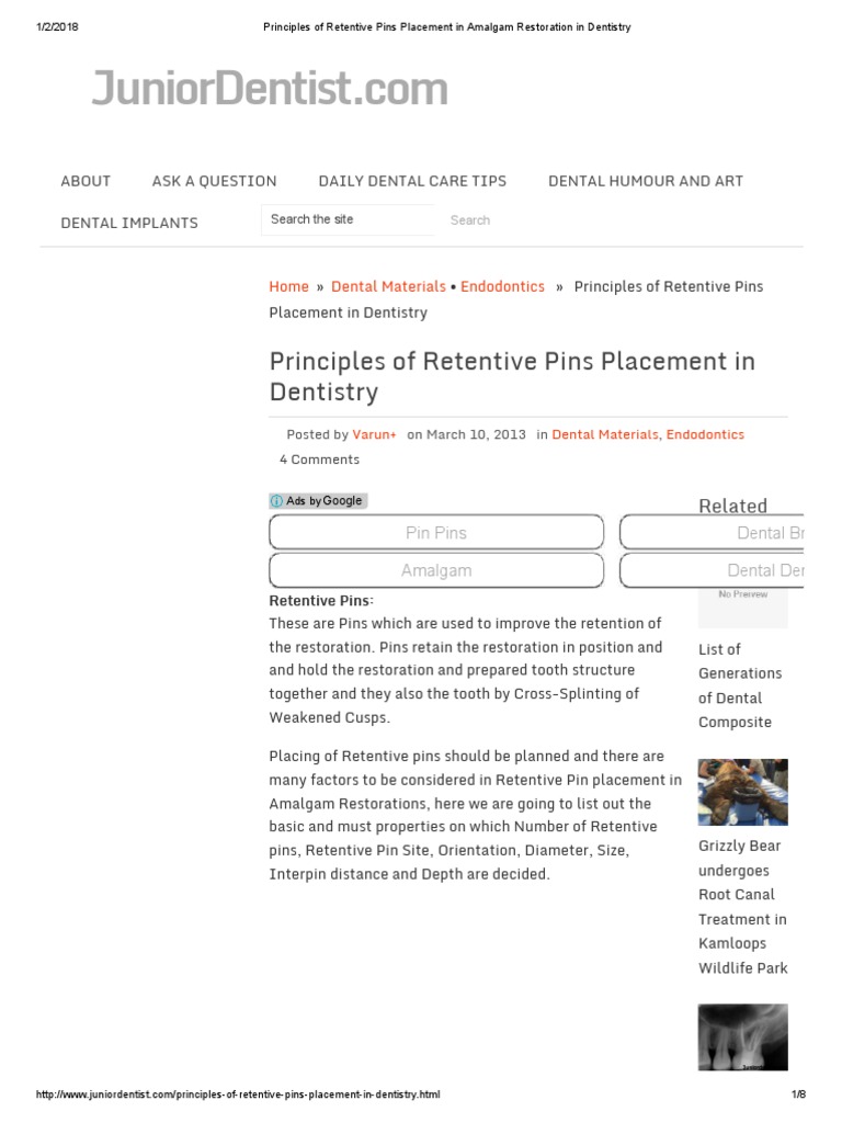 Principles of Retentive Pins Placement in Amalgam Restoration in