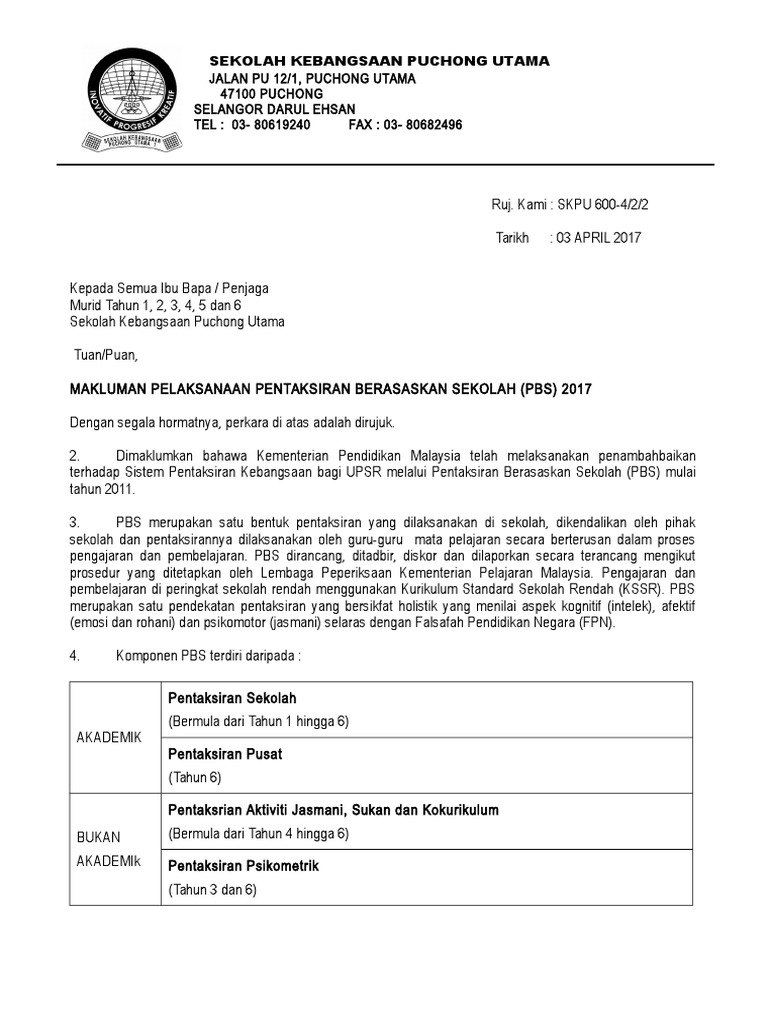 Contoh Surat Makluman Pelaksanaan Pbs Kepada Ibu Bapa Sekolah Menengah