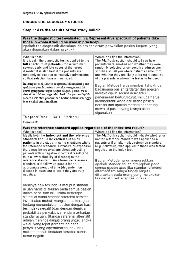 CEBM - Diagnostic Study Appraisal Worksheet Translate Indo | PDF ...