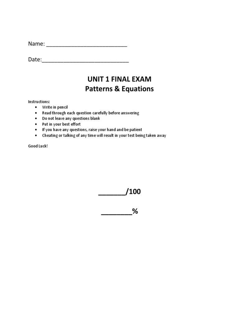 Unit 1 Patterns & Equations Exam | PDF | Equations | Test (Assessment)