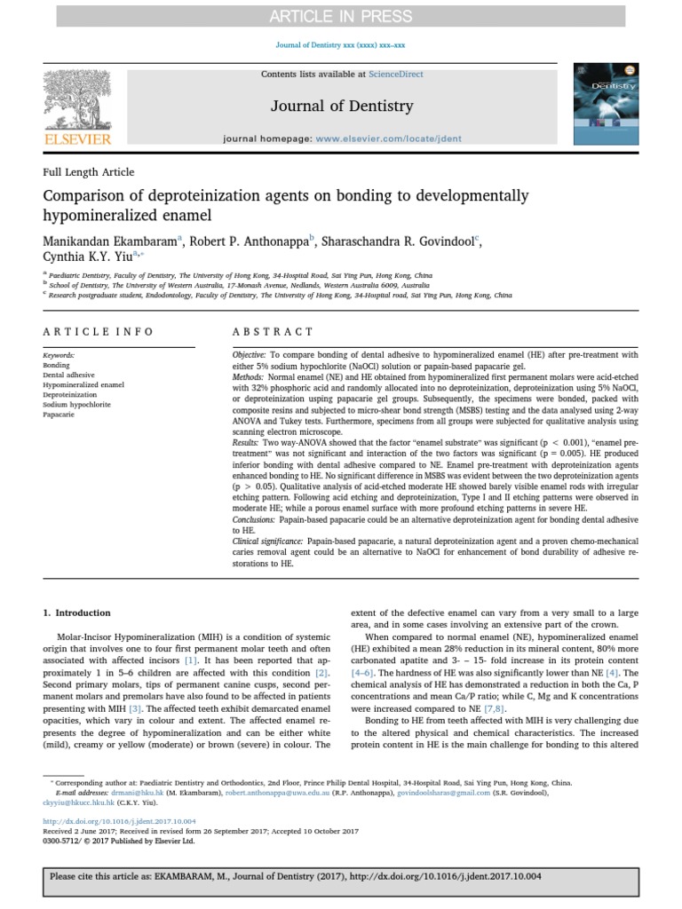 Comparison of Deproteinization Agents On Bonding PDF Tooth Enamel