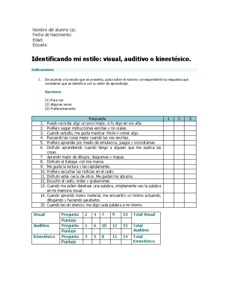 Test VAK de Estilos de Aprendizaje | PDF | Crecimiento personal y ...