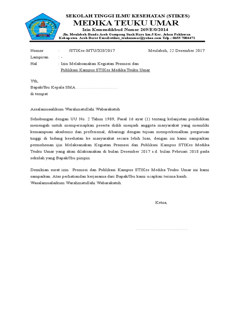 Contoh Surat Izin Promosi Sekolah  IMAGESEE