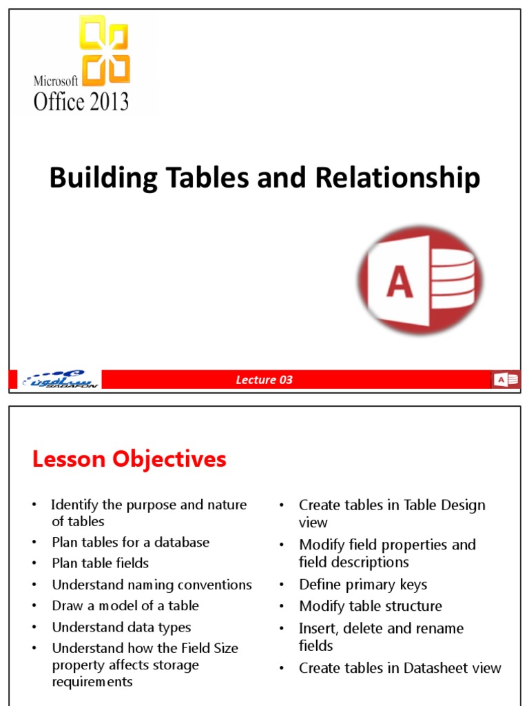Access 2013: Building Tables & Relationships | PDF | Table (Database ...