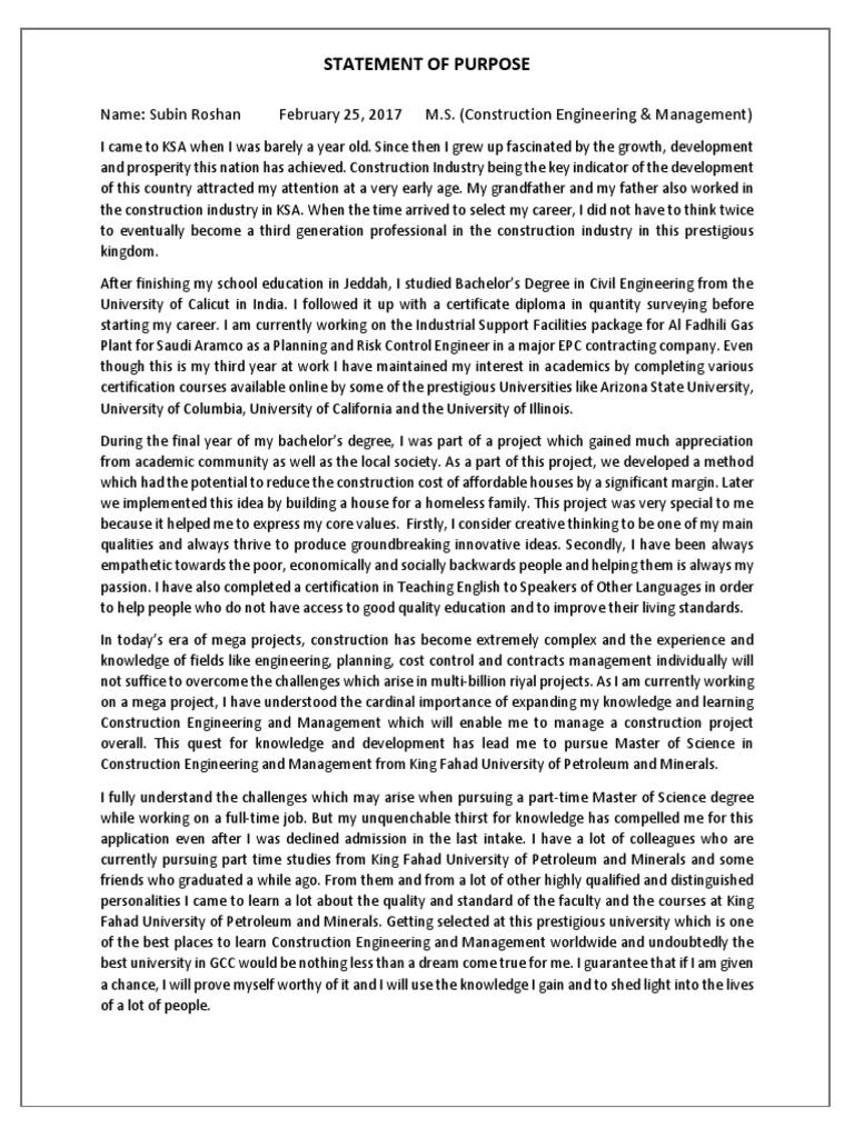 Statement of Purpose | PDF | Academic Degree | Engineering