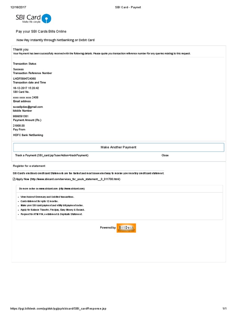 Sbi Card Payment Nov Dec 17
