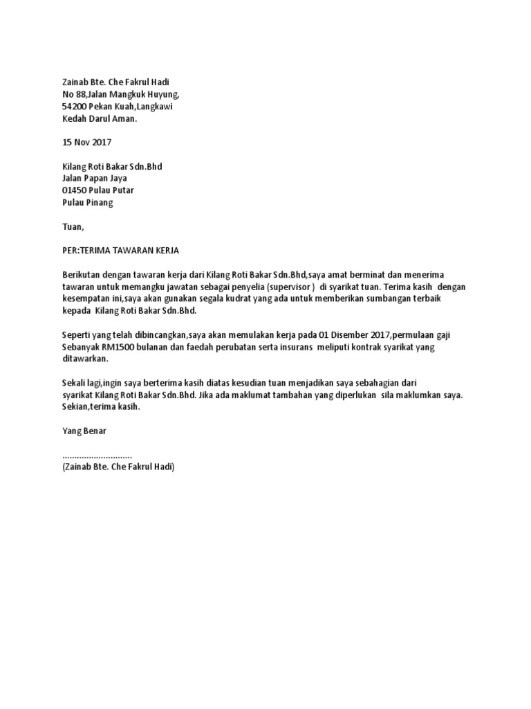 Contoh Surat Terima Tawaran Kerja