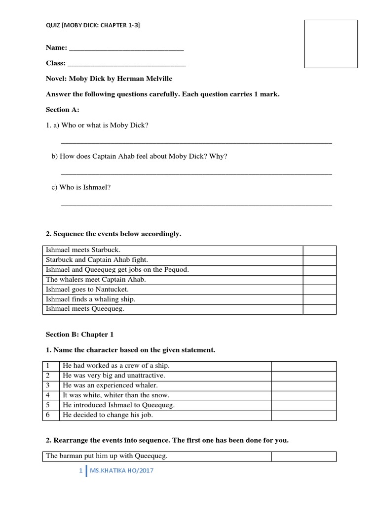 Moby Dick Chap1-3 Quiz | Moby Dick | Ishmael (Moby Dick)