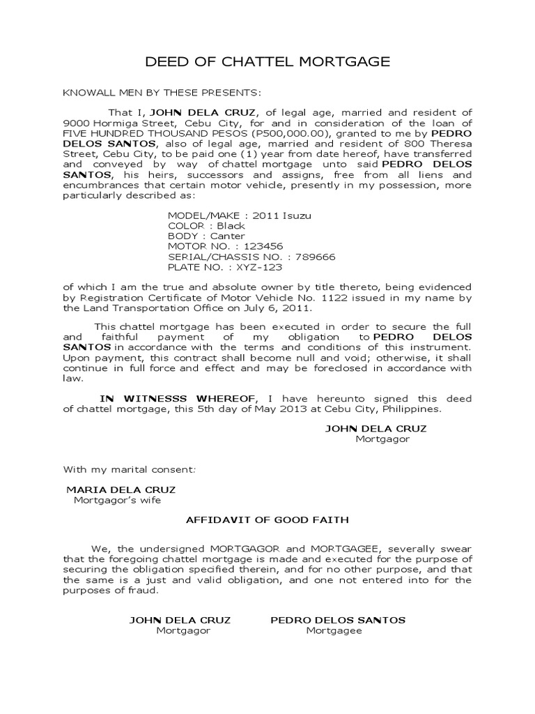 Deed of Chattel Mortgage Ii PDF Mortgage Law Civil Law Law)