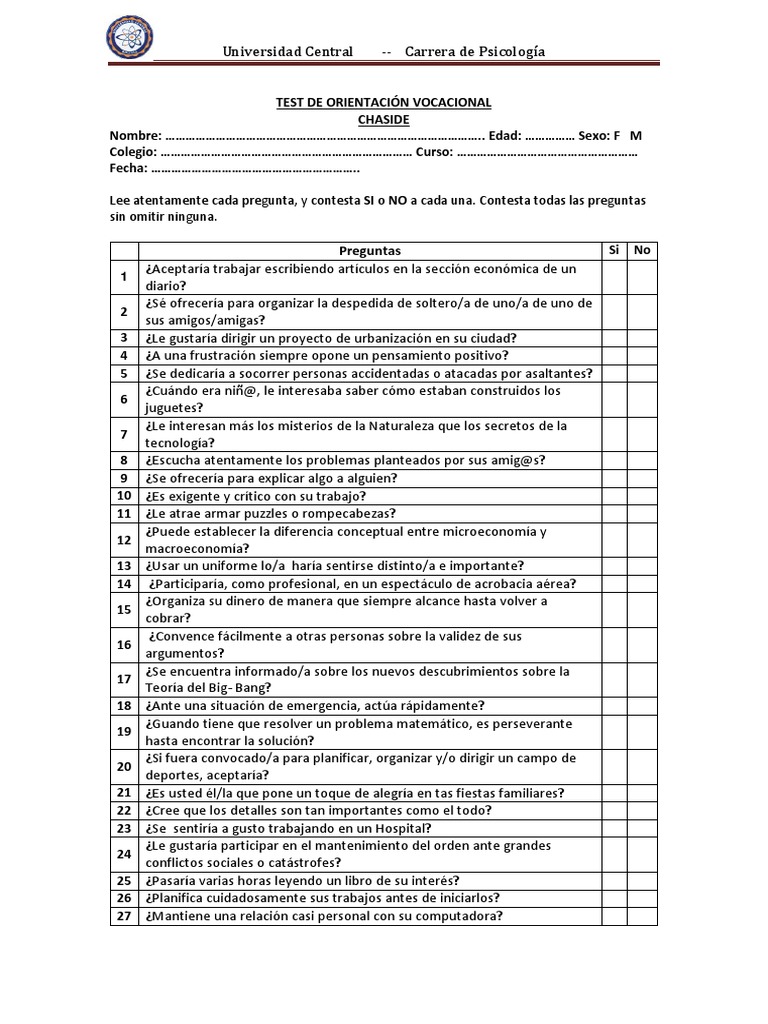 Test Vocacional 4 | Lectura (Proceso) | Prueba (Evaluación)