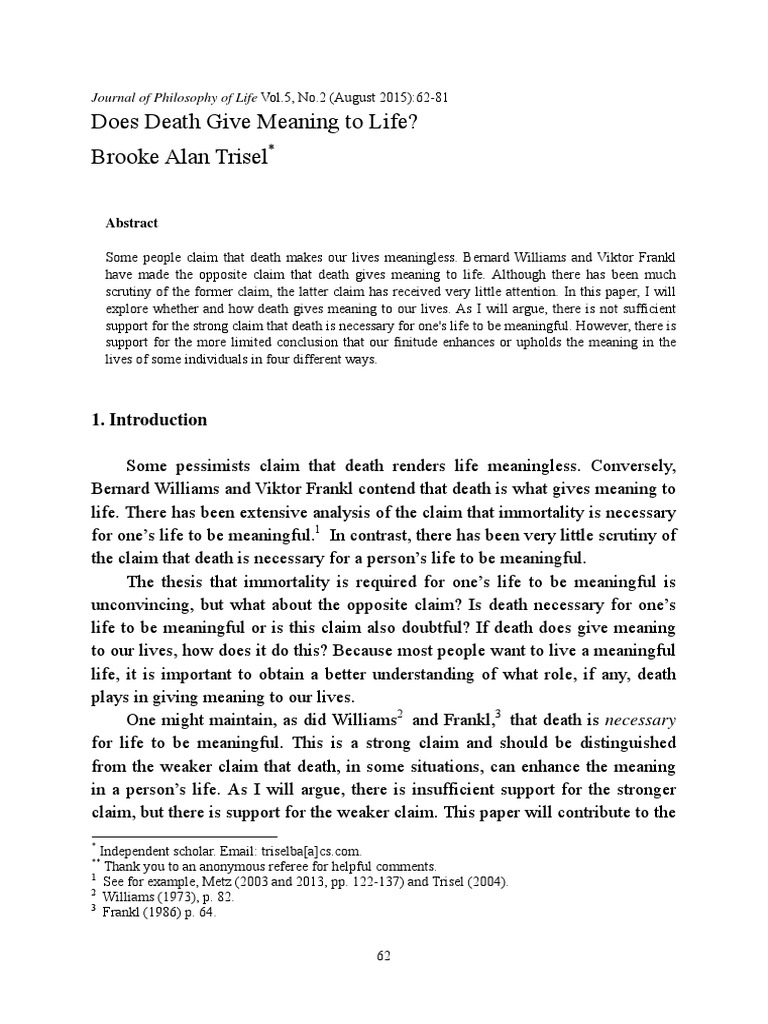 Brooke Alan Trisel, Does Death Give Meaning To Life? PDF Immortality Motivation