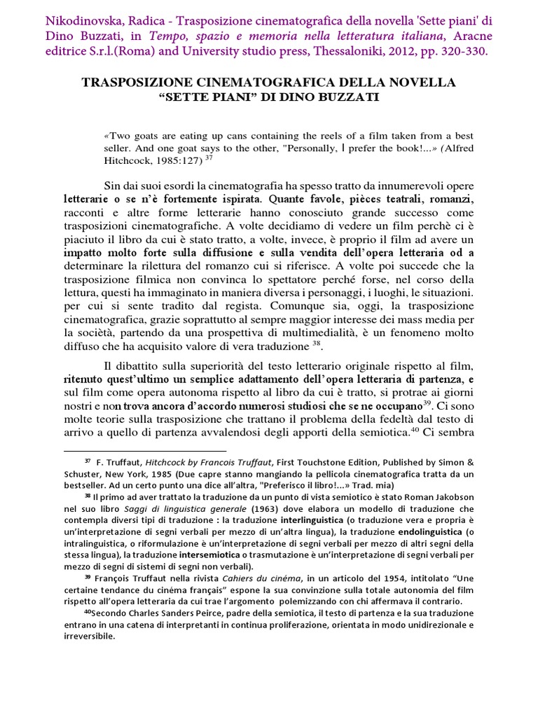 Nikodinovska Radica Trasposizione cinematografica della novella 'Sette piani' di Dino Buzzati