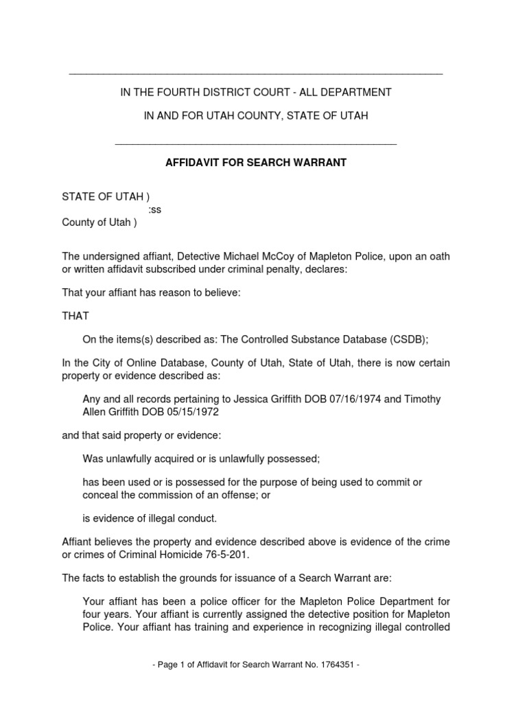 Utah Search Warrant Affidavit 2017 | PDF | Affidavit | Search Warrant