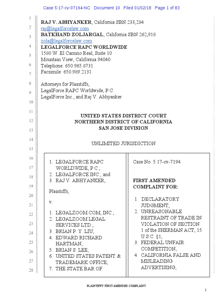 First Amended Complaint LegalForce v. LegalZoom, January 2, 2018