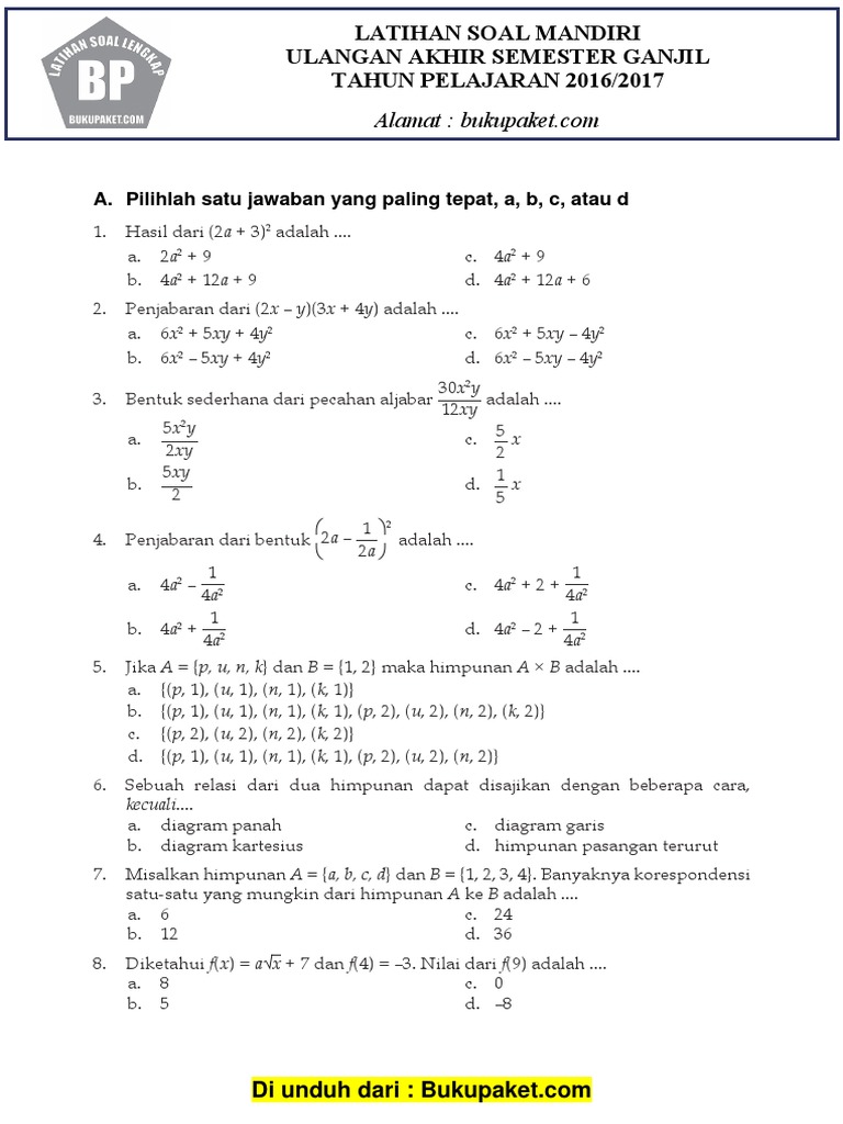 Latihan Soal UAS Matematika Kelas 8 Semester 1