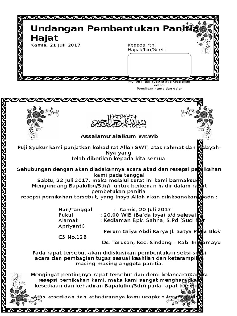 Contoh Surat Undangan Rapat Panitia Pernikahan