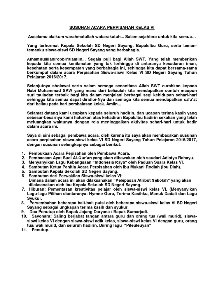 Contoh Cengkorongan Sesorah Perpisahan Kelas 6 Terbaik