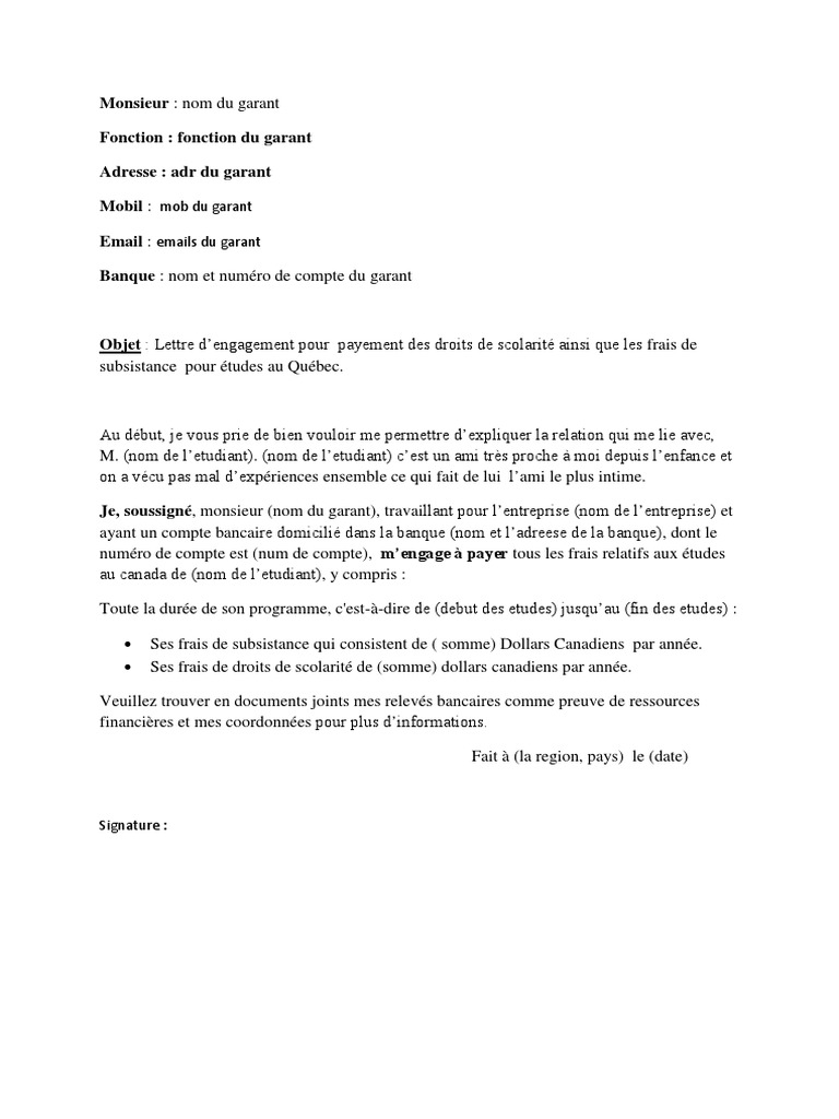 Lettre de garant pour étudiant