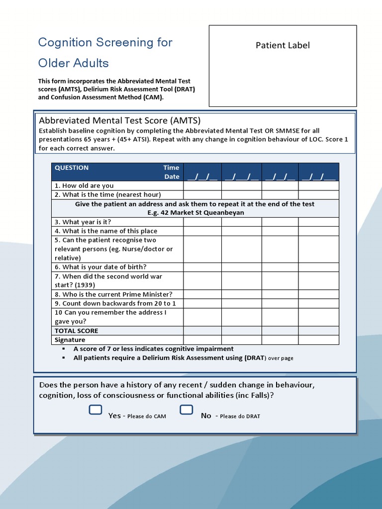 AMTS and DRAT for Elderly Cognitive Assessment | PDF | Medical ...