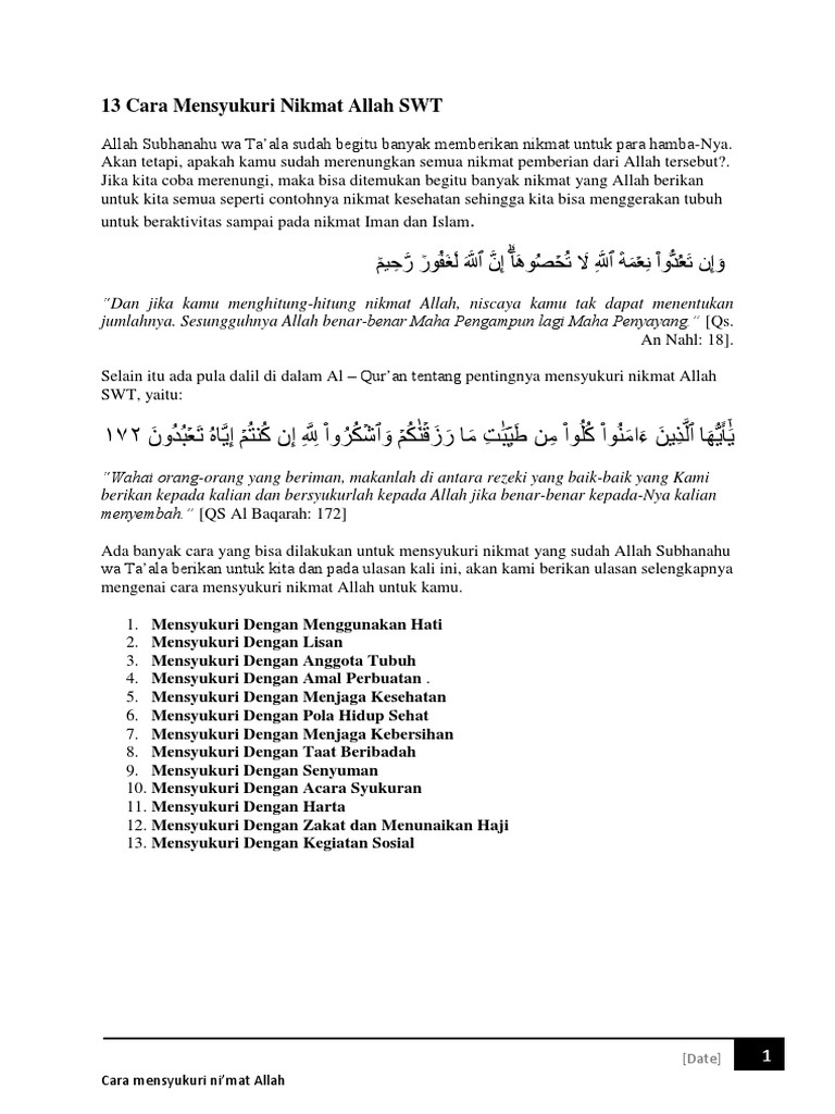 13 Cara Mensyukuri Nikmat Allah Swt Ringkasan Pdf