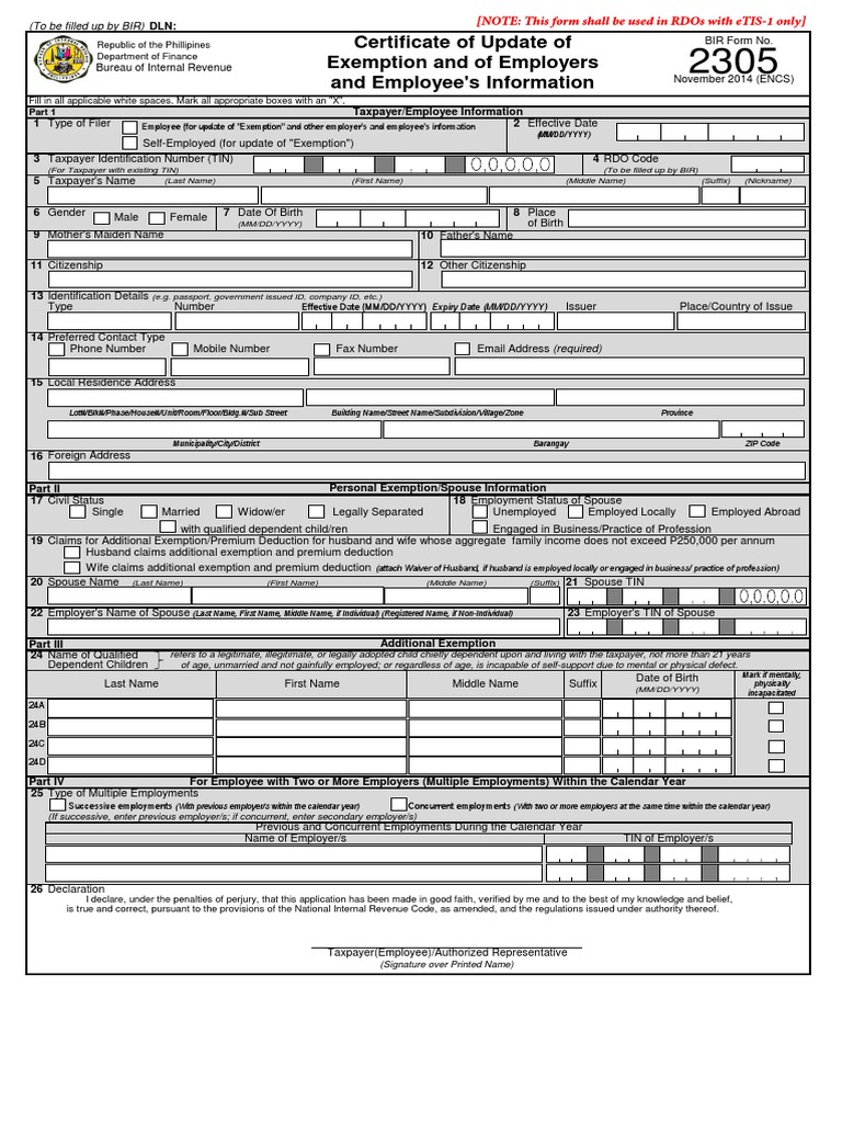 BIR Form 2305: Update of Exemption | PDF | Husband | Personal Exemption ...