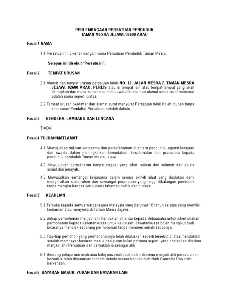 Perlembagaan Persatuan Penduduk Pdf