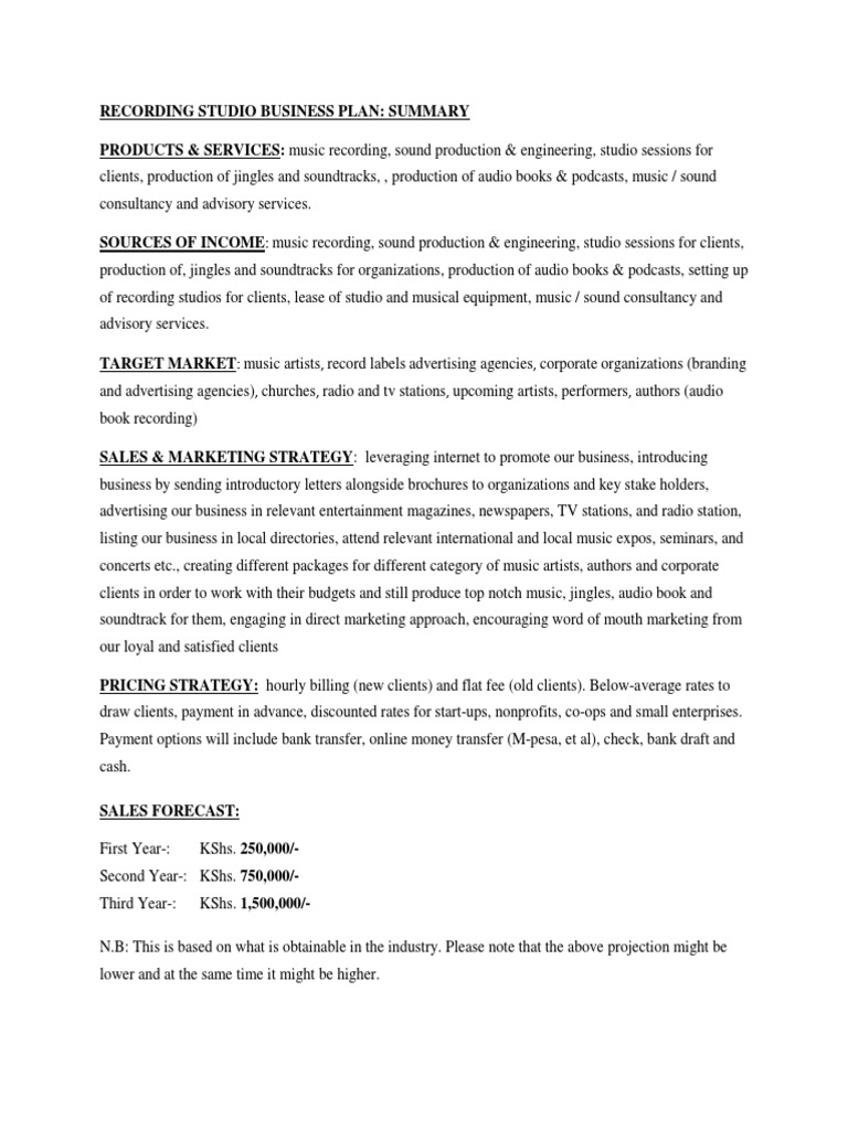 Recording Studio Business Plan Summary Products & Services PDF