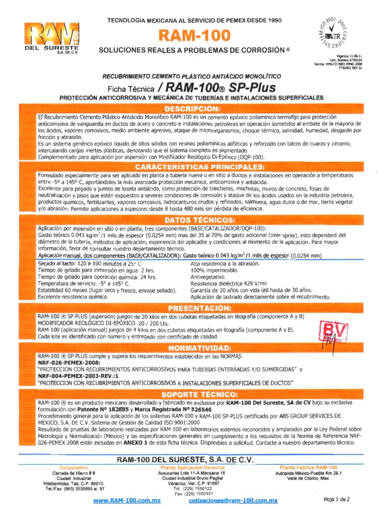 1 Ficha Tecnica Ram-100 Sp-Plus Certificada BVM | PDF