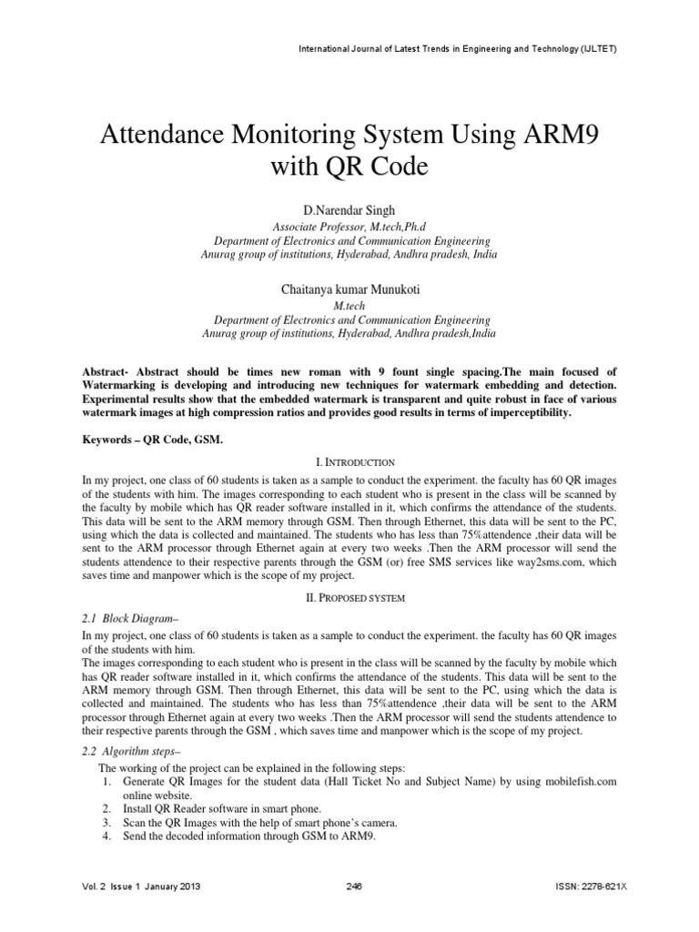 Attendance Monitoring System Using ARM9 With QR Code D.Narendar Singh